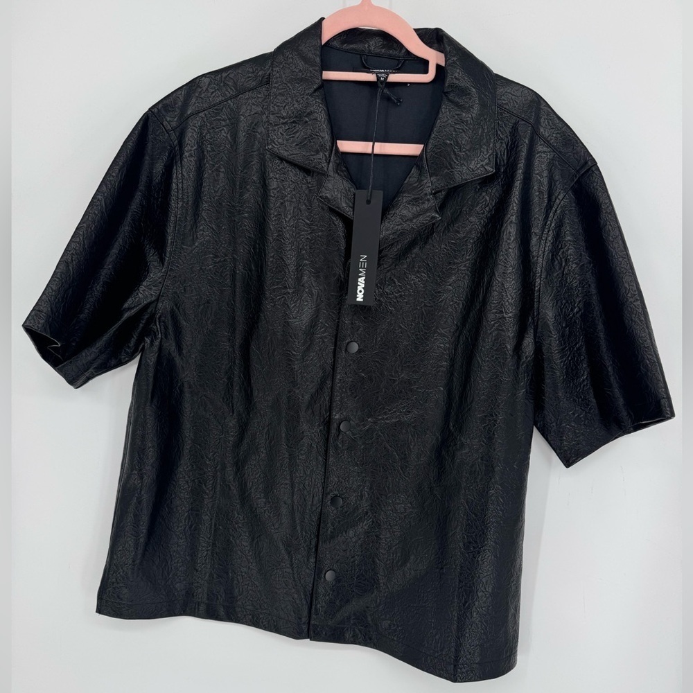 Fashion Nova "Nova Men" Black Riker Faux Leather Dress Shirt Size Medium NWT